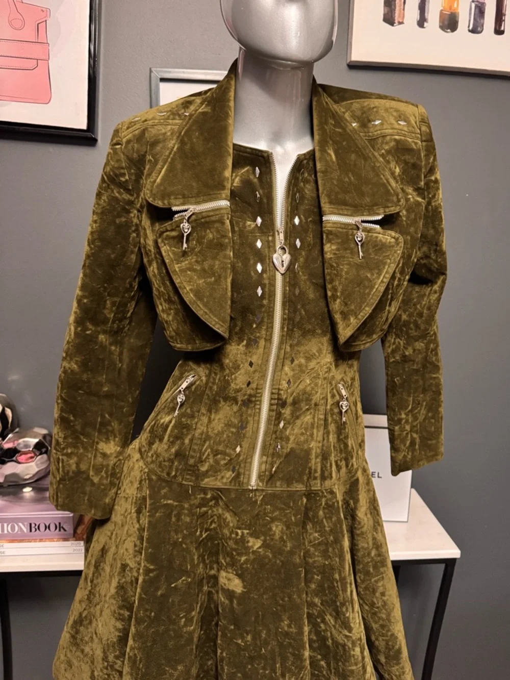 Green Velvet Goth Grunge Dress + Jacket Set - Picture 8 of 14